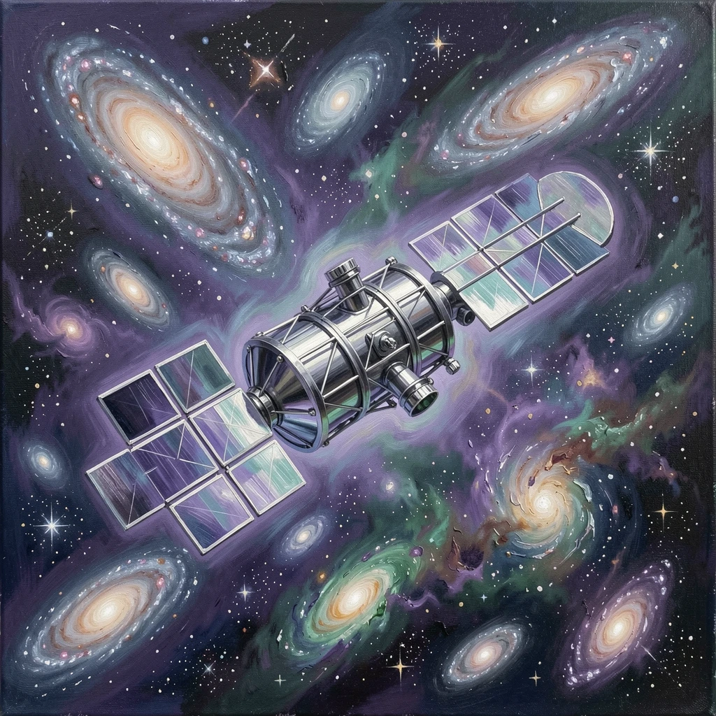 A space telescope drifts silently against the backdrop of countless galaxies, its solar panels catching light from a distant unseen sun, an otherworldly light source casting soft, unnatural color across the surrounding environment.