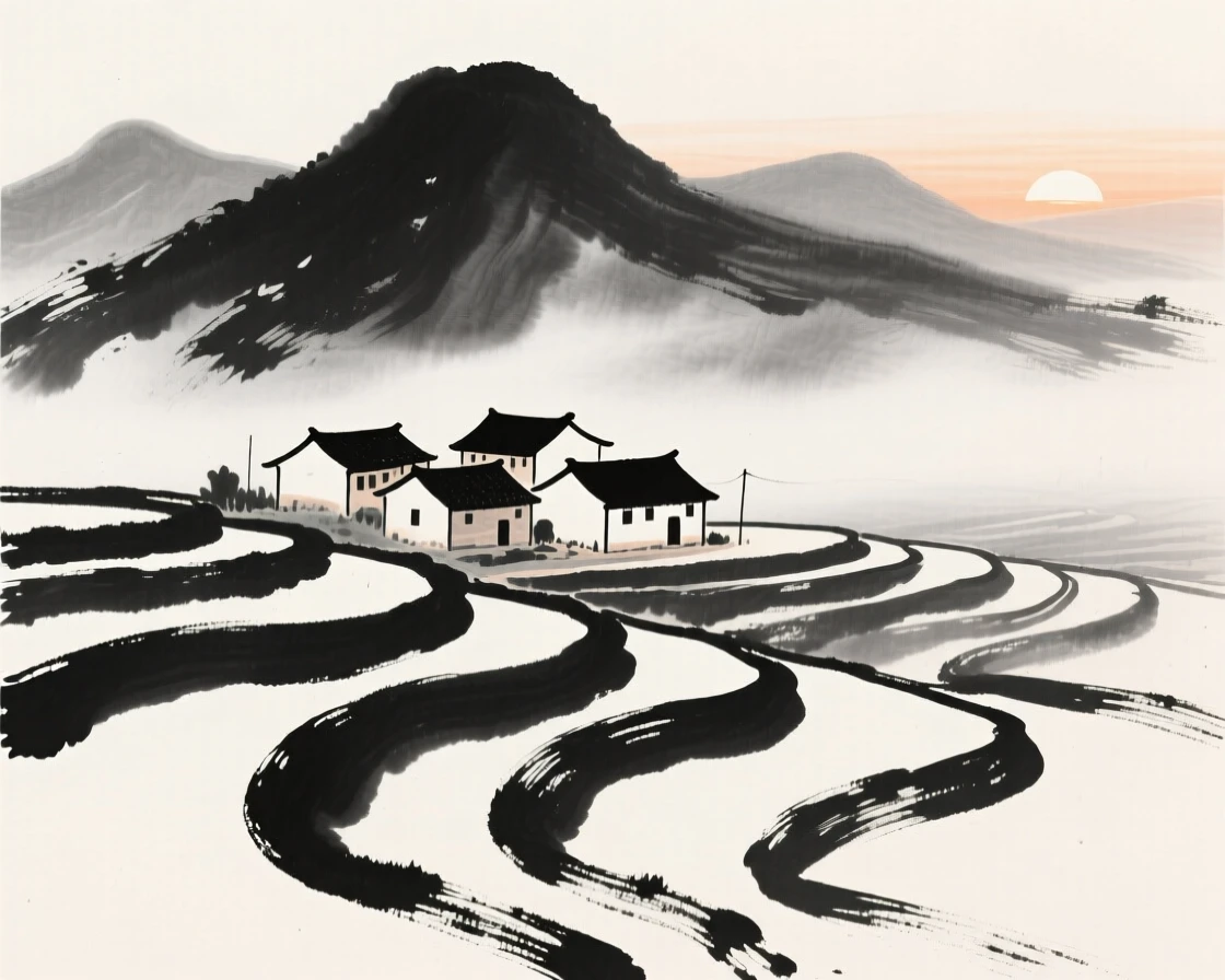 A small mountain village nestles among terraced rice fields, as the first light of morning touches the rooftops.