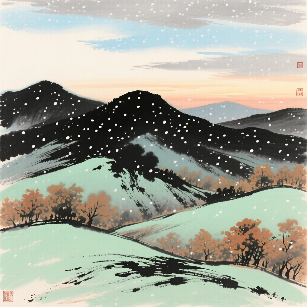 The last light of day fading behind a row of distant hills, at the turn of autumn, suffused with quiet joy, beneath softly falling snow.