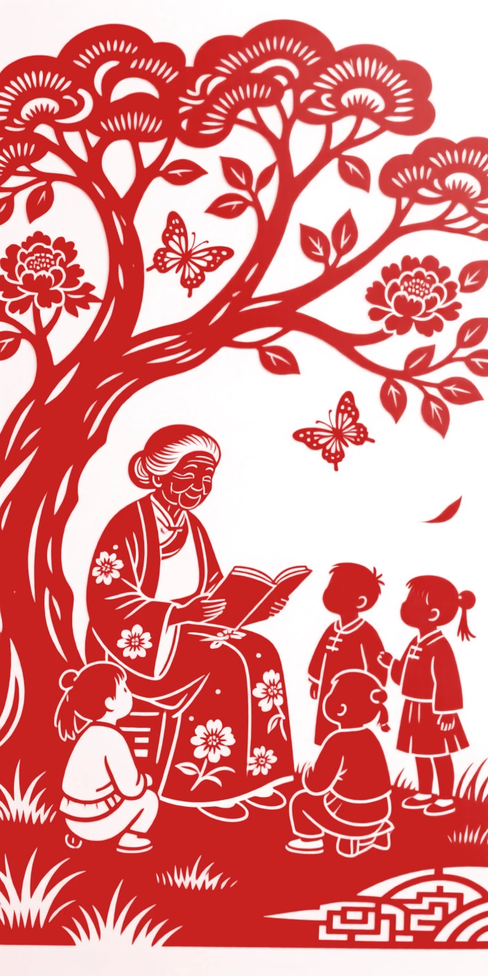 Children gathered around a grandmother telling stories under a shady tree, leaves rustling gently overhead