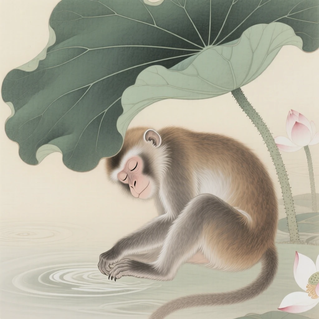A monkey resting in the shade of a lotus leaf