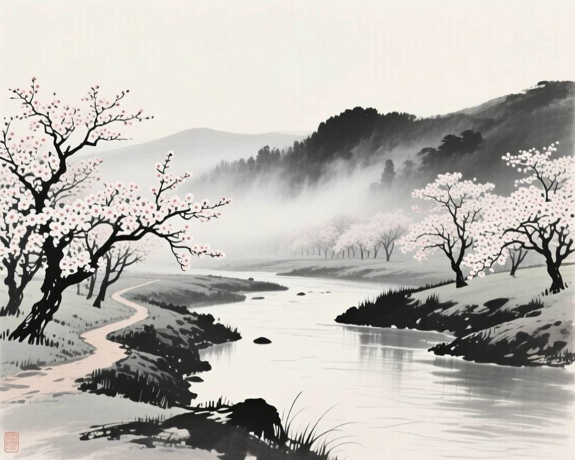 A quiet orchard in full bloom along a river path as thin mist rolls slowly through the lower valley, seen from across the water, the far shore reduced to soft silhouette, suggesting the quiet vastness of the natural world.