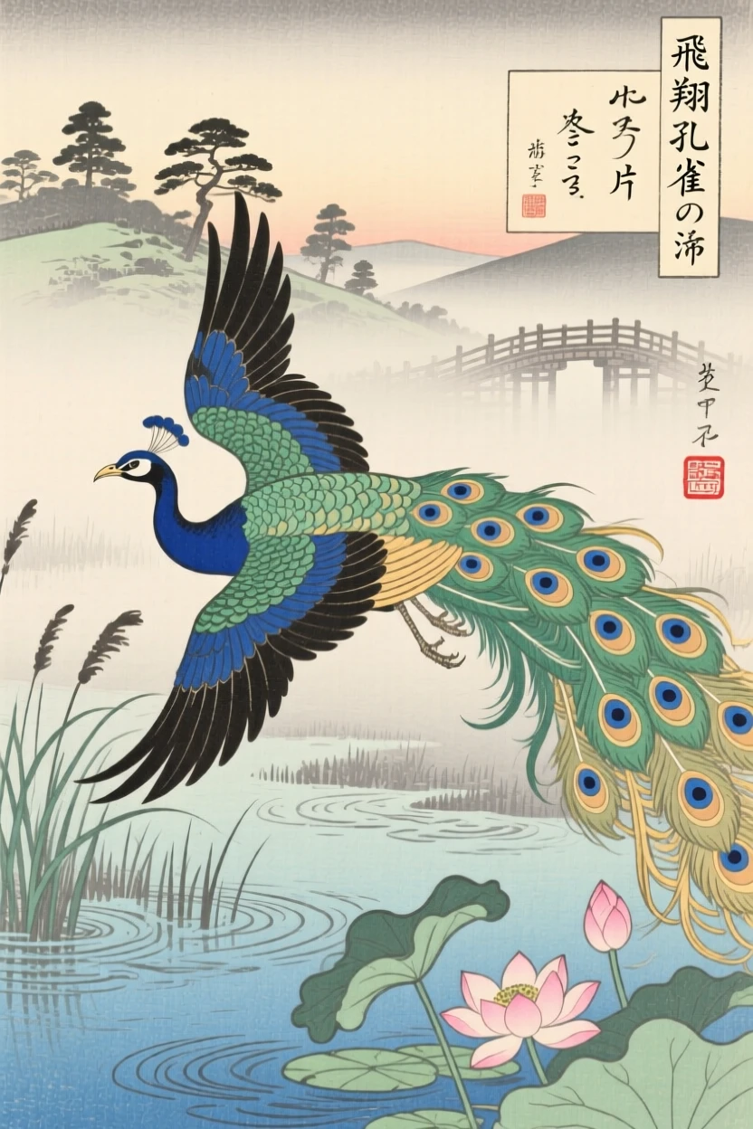 A peacock taking flight over a misty wetland.