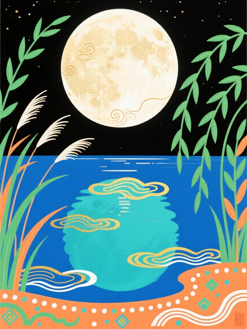 A round full moon reflected in a calm lake, symbolizing wholeness and family unity.