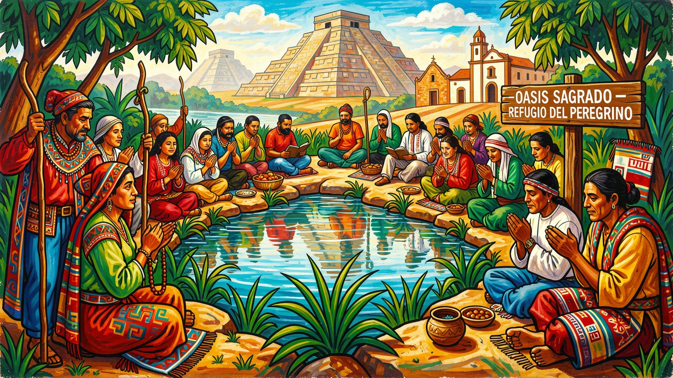 A group of pilgrims resting at a sacred oasis