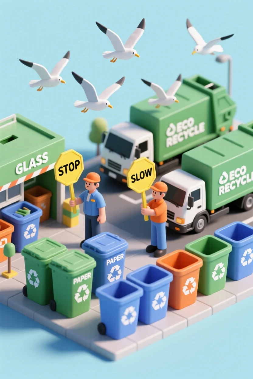 A bustling recycling center with sorted bins of glass and paper, workers directing trucks, and gulls circling overhead.