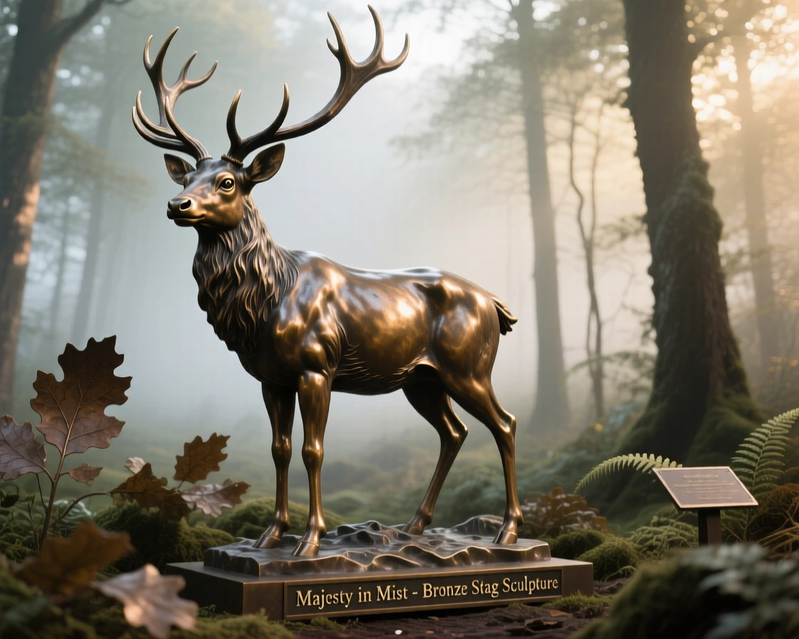 A stag standing proudly in a misty forest, bathed in warm, natural light, evoking wonder and majesty