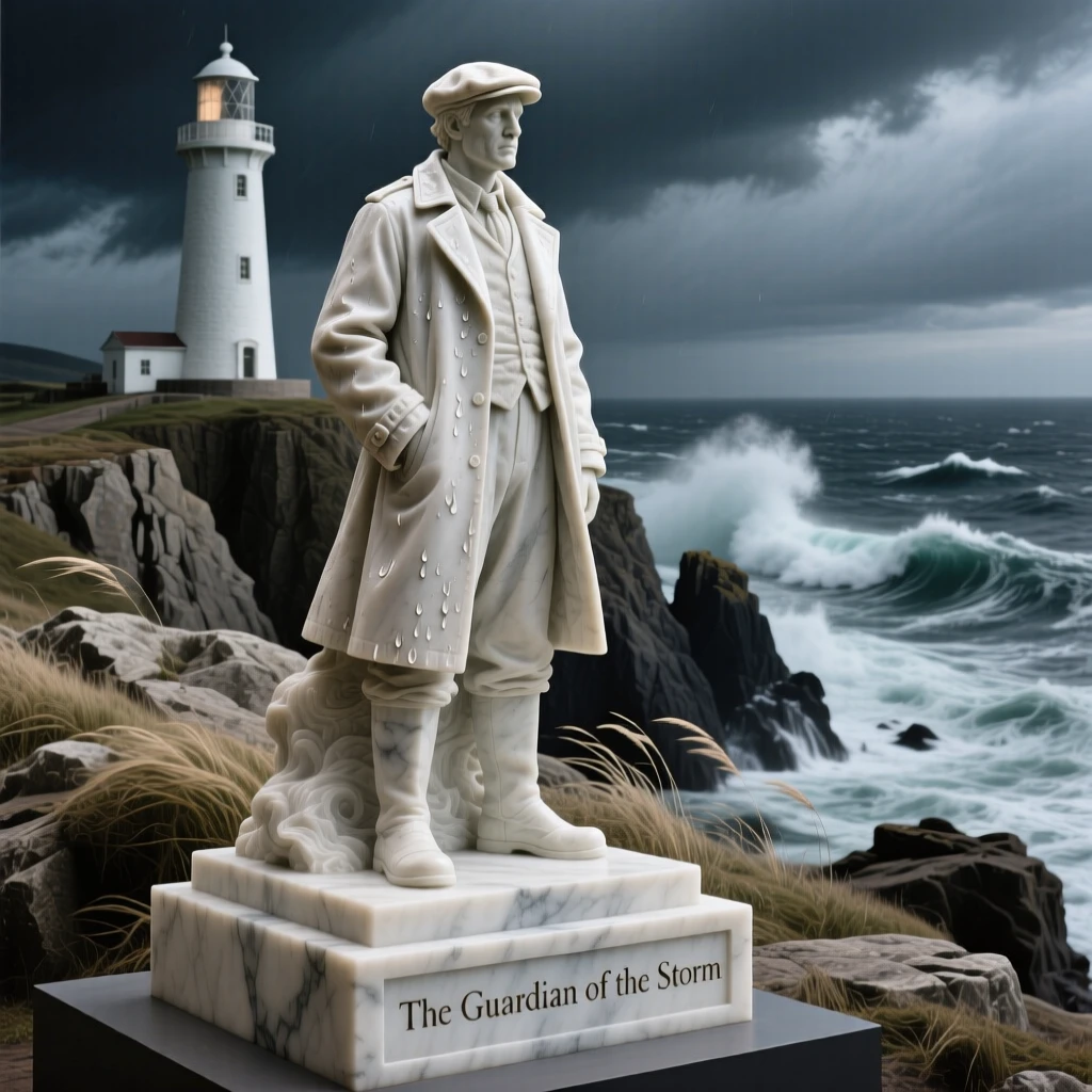 An evocative depiction of a lighthouse keeper watching over a stormy sea, framed by dramatic natural scenery, balancing detail with emotional depth