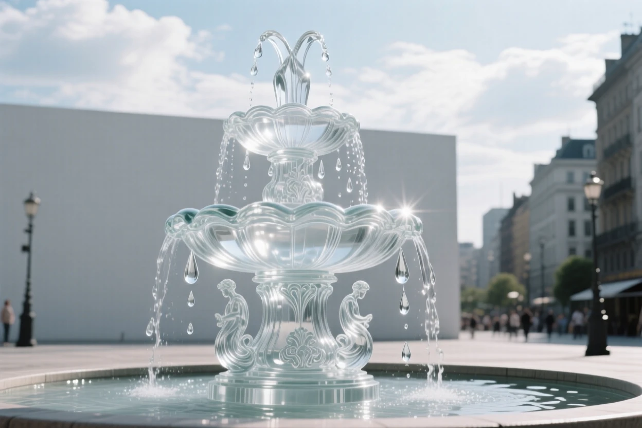 Beneath a sky filled with soft, drifting clouds, a grand fountain at the center of a bustling city plaza
