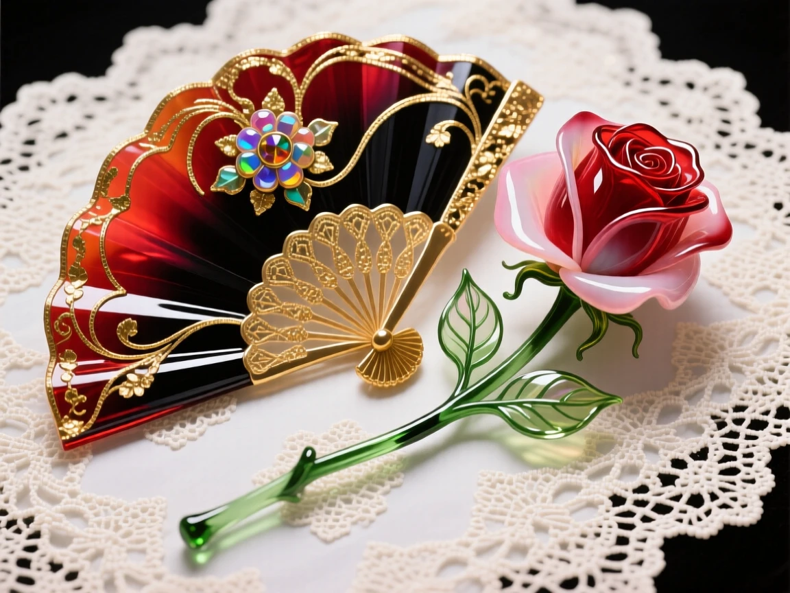 A traditional Spanish flamenco fan and rose arranged on a lace cloth, passionate and elegant.