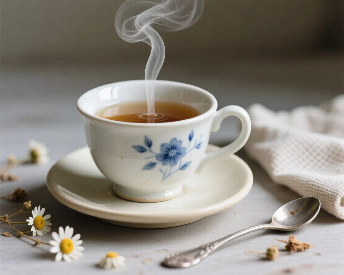 A delicate teacup with steam curling upward staged with careful, artful precision, framed by a scattering of small complementary props, capturing beauty in the overlooked and ordinary.