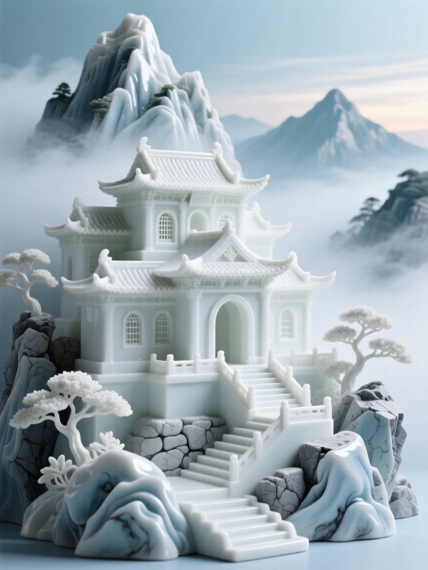 A grand view of a mountaintop monastery, wrapped in soft morning mist.