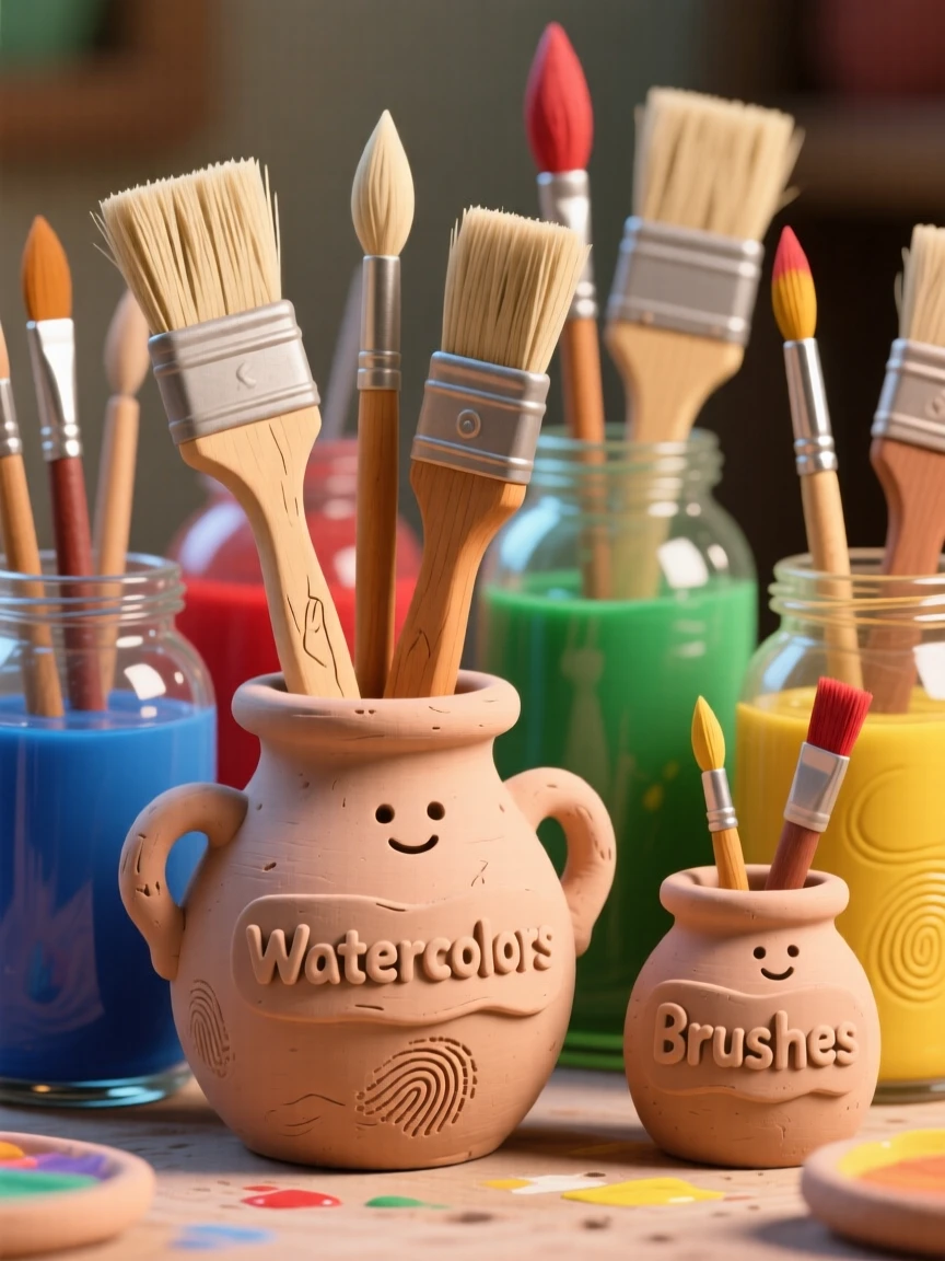 A collection of paint brushes standing in jars of colorful water