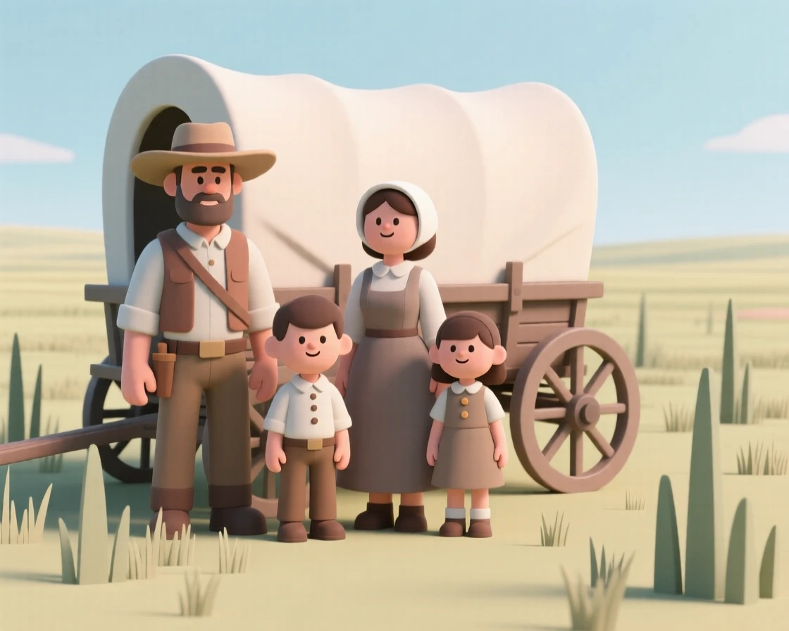 A proud pioneer family stands beside a covered wagon, prairie grass stretching endlessly toward the horizon.