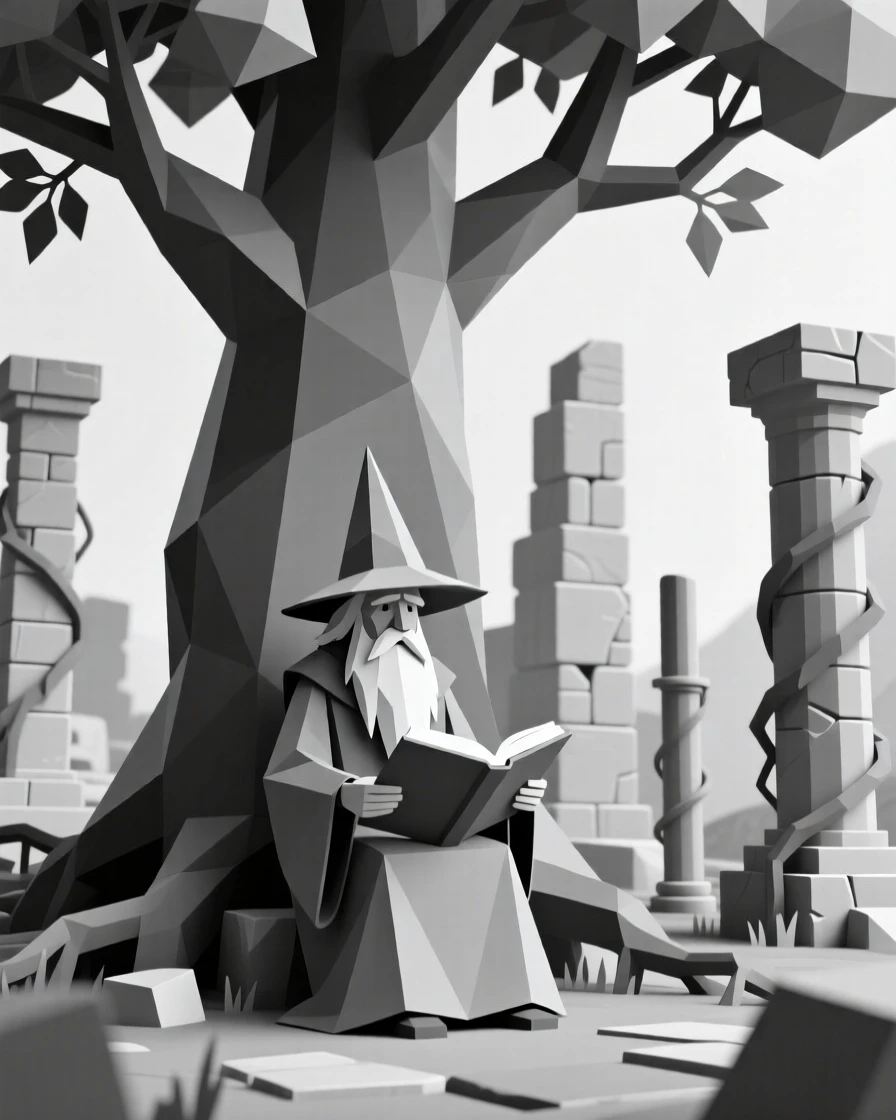 A wise old wizard reading beneath a giant tree, amid ancient ruins reclaimed by nature. intricate details enrich the ancient architecture. The atmosphere is epic and awe-inspiring.