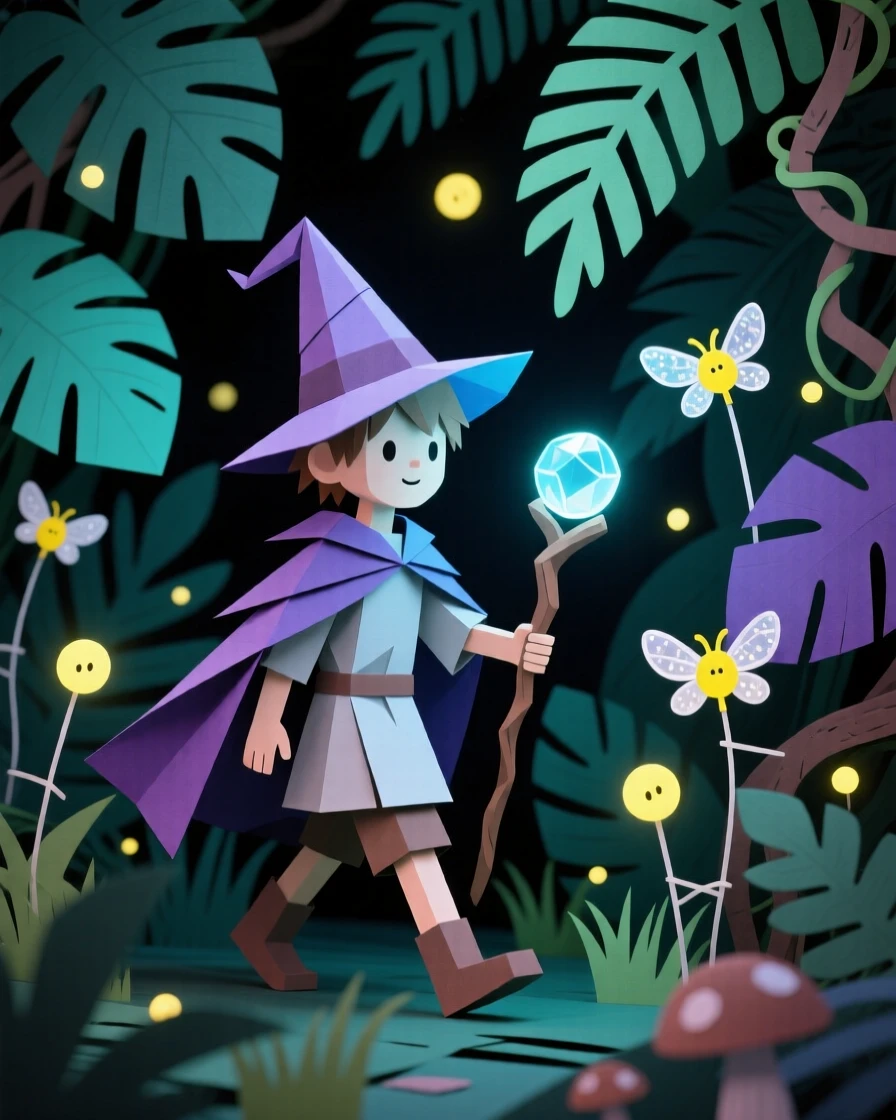 A young apprentice mage wandering through a bioluminescent jungle at night, with glowing particles floating like fireflies, evoking a sense of legend and myth.
