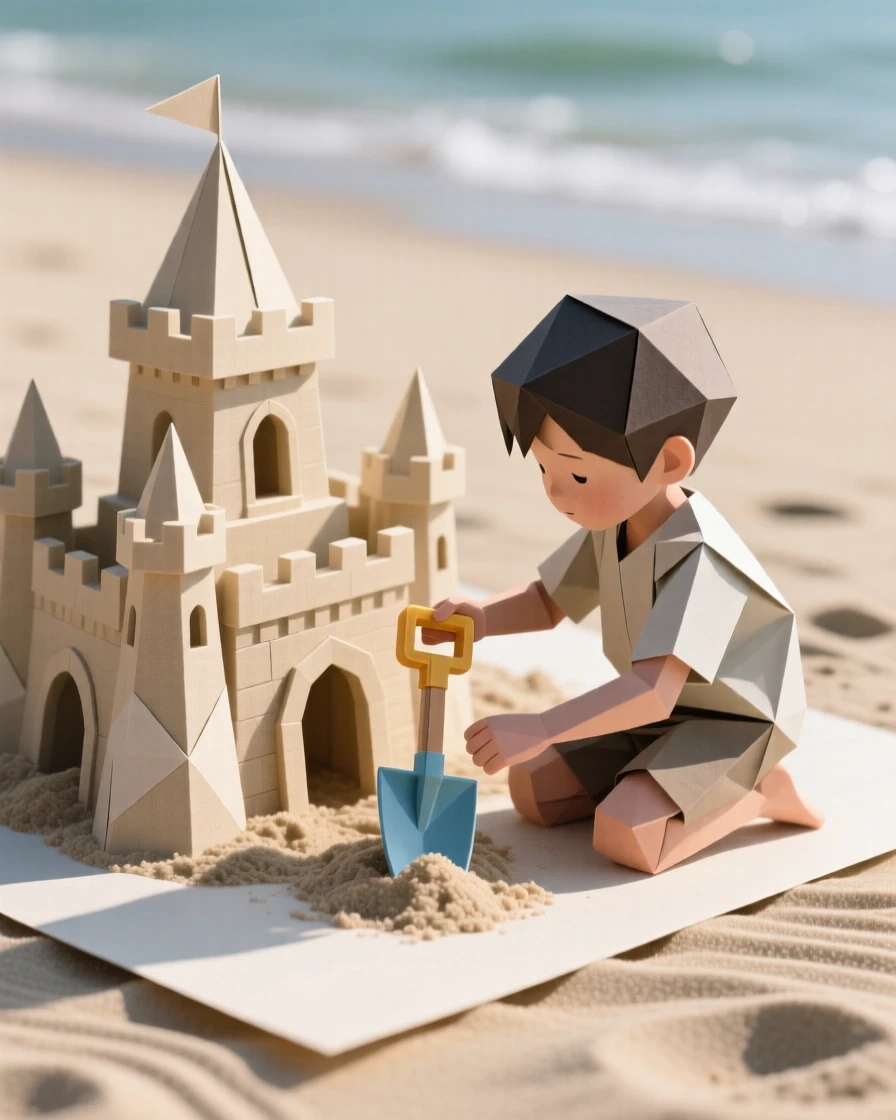 A child building an elaborate sandcastle on the beach with a small toy shovel.