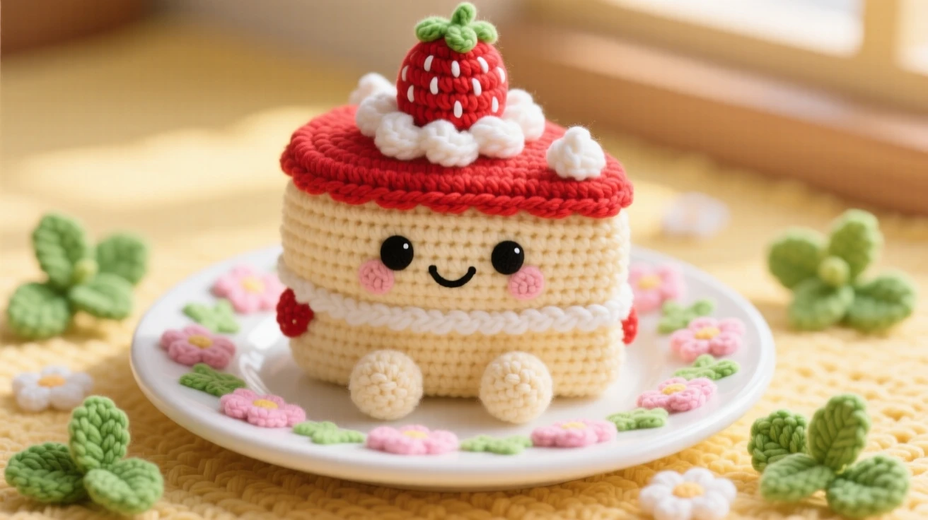 a cheerful strawberry shortcake character, layered with cream and berries, is shown served on a floral-patterned plate on a cozy breakfast nook bathed in morning light beside a scattering of fresh mint leaves, capturing bright, appetizing cheerfulness.
