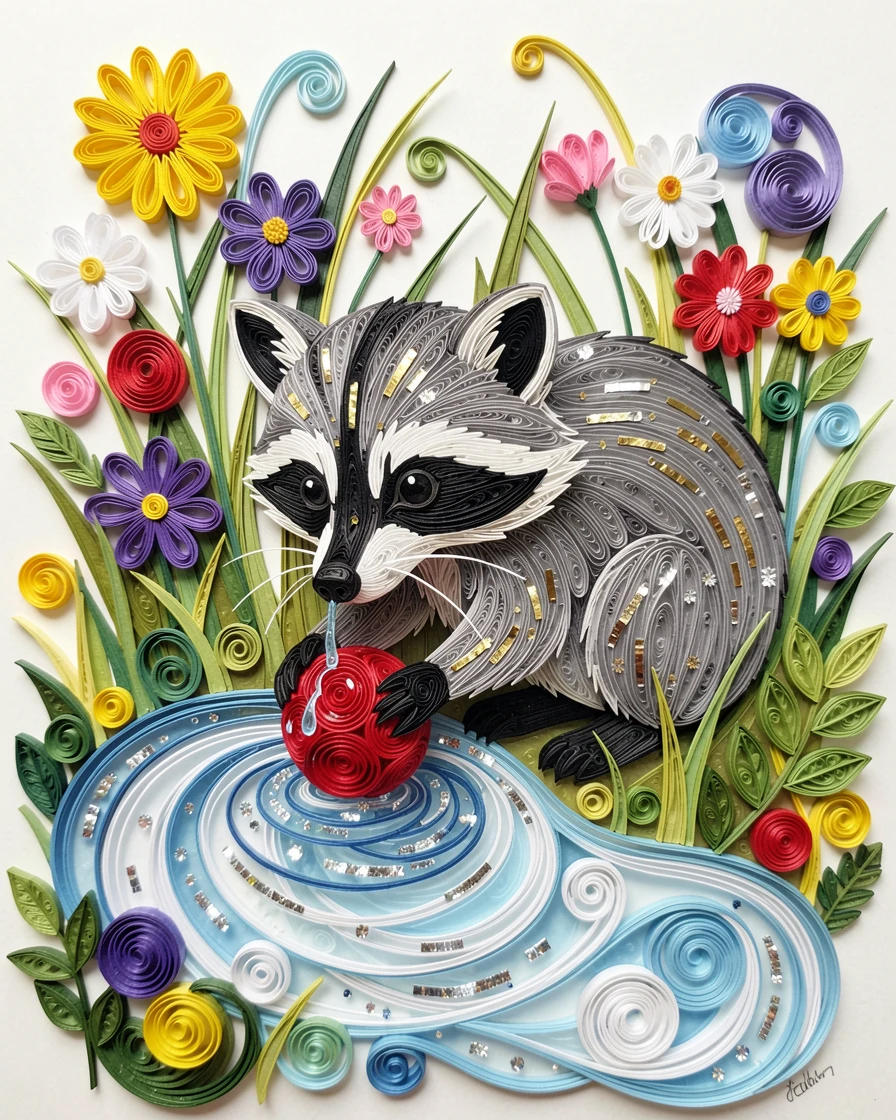 a baby raccoon washing a berry in a stream, in a sunlit meadow scattered with wildflowers, arranged with the subject slightly off-center for balance, with tiny sparkling highlights catching the light.