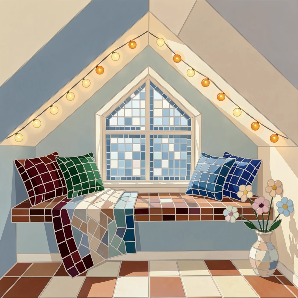 A cozy attic bedroom with fairy lights and a window seat.