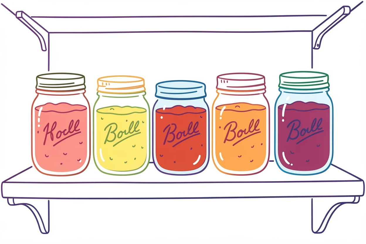 A row of mason jars filled with homemade jam lined on a pantry shelf.
