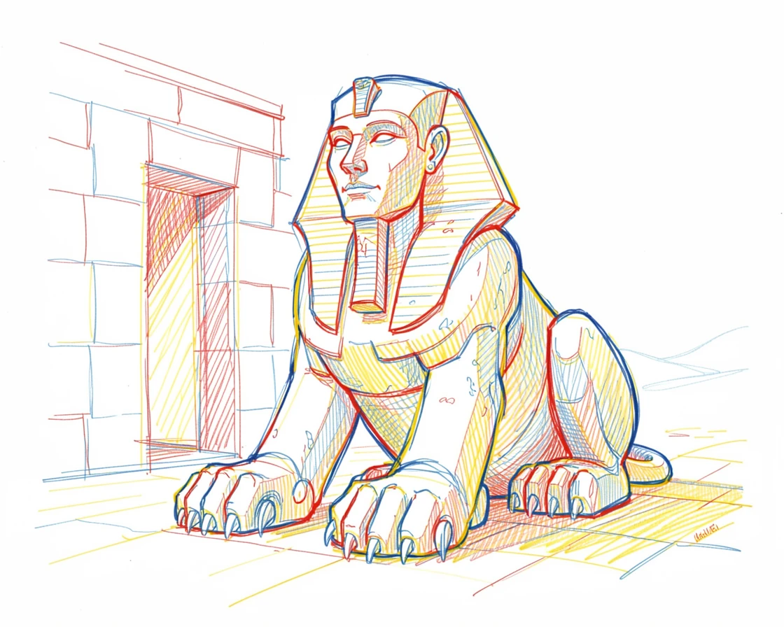 A colossal stone sphinx guarding the entrance to a desert temple