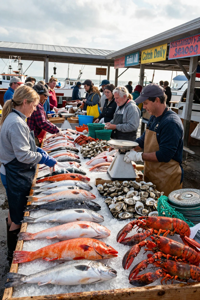 A bustling fish market with fresh catch on display