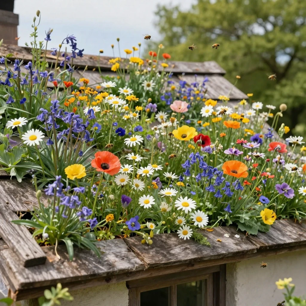 A cottage roof blooms with a garden of wildflowers and buzzing bees.