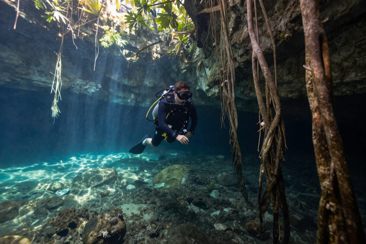 A diver descending into a crystal-clear cenote surrounded by hanging roots
