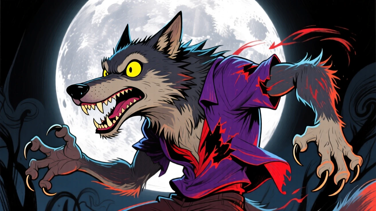 A shape-shifting werewolf mid-transformation under a full silver moon.
