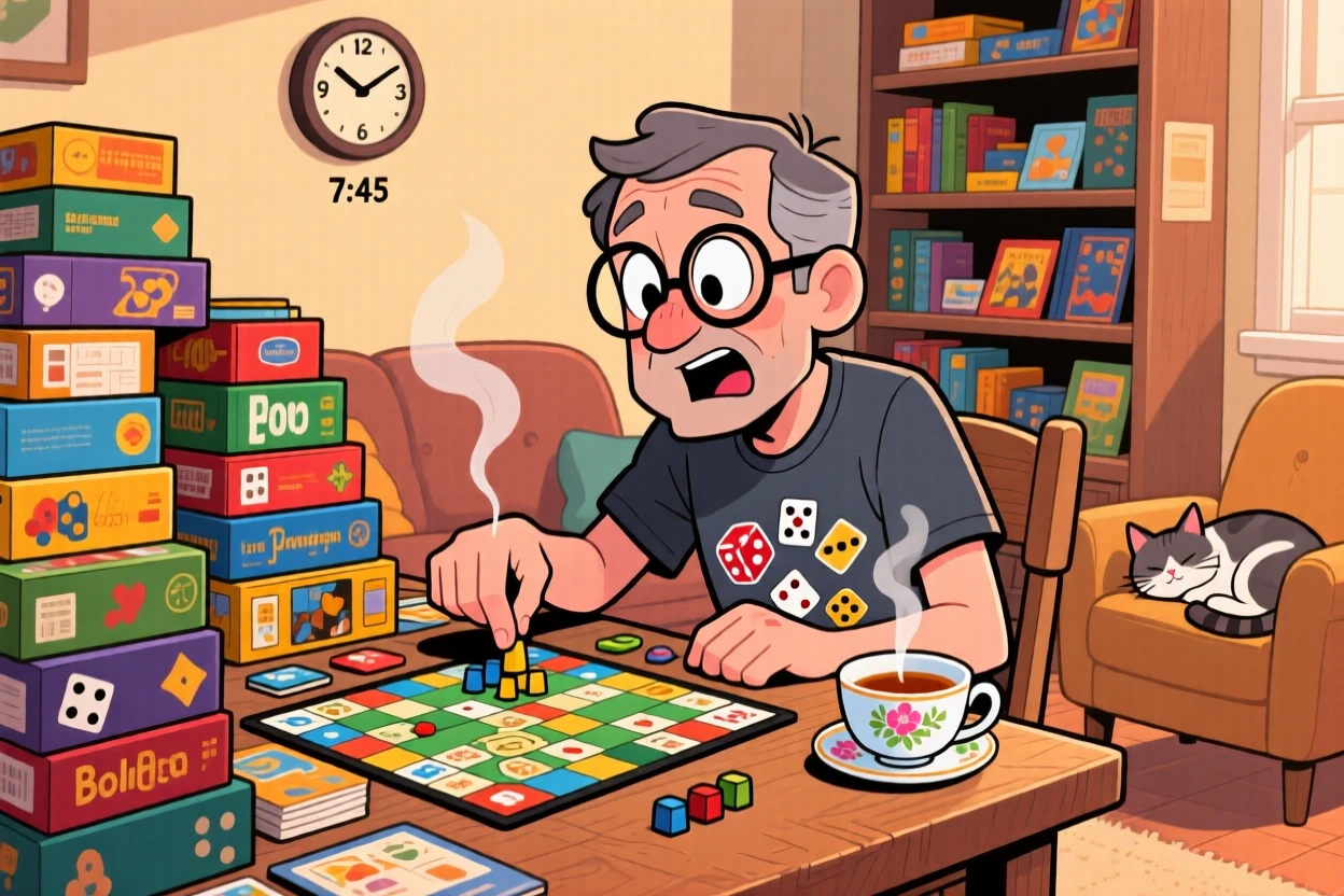 An everyday-life snapshot of an eager board game collector, losing track of time deep in concentration, with a cup of tea cooling nearby.