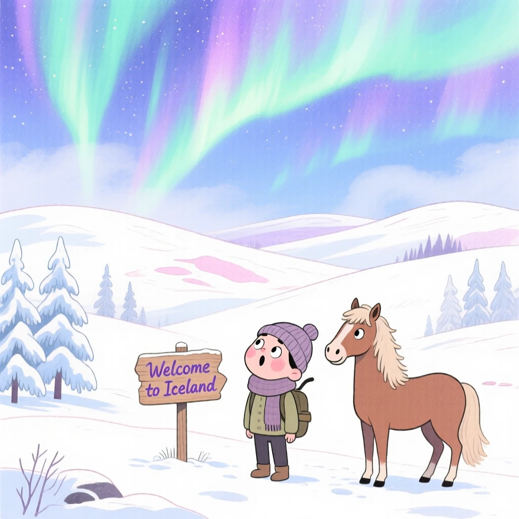 A dreamy travel postcard scene of the Northern Lights over a snowy Icelandic landscape wrapped in gentle morning mist