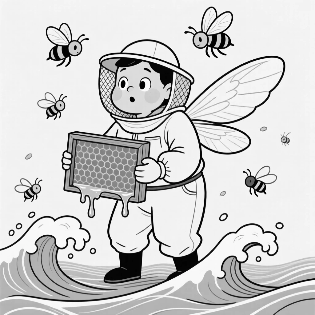 A beekeeper gently cradling a frame dripping with honey, ducking as wings flap past a startled face, set on a churning ocean wave. A few stray bees hover curiously nearby. There's a fresh, playful energy woven through the moment.