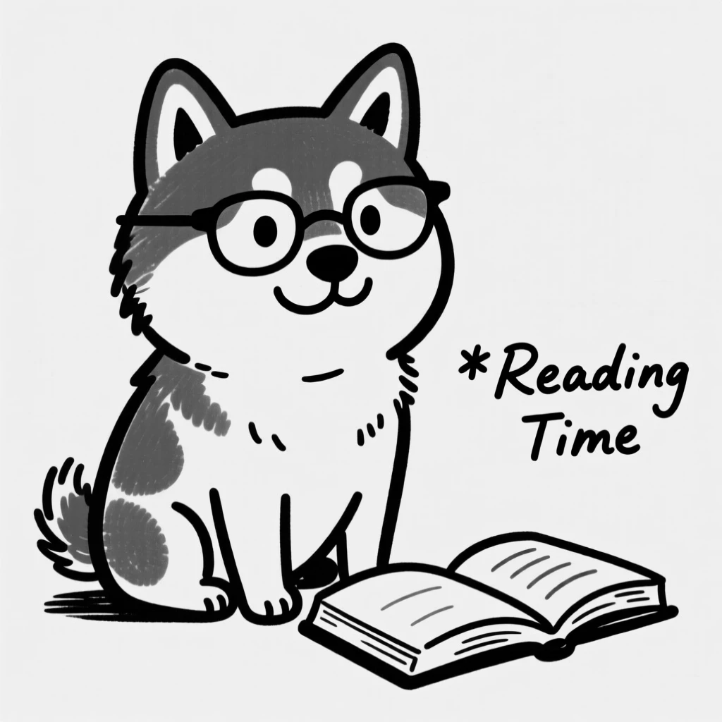 A shiba inu wearing tiny reading glasses, sitting beside an open book.