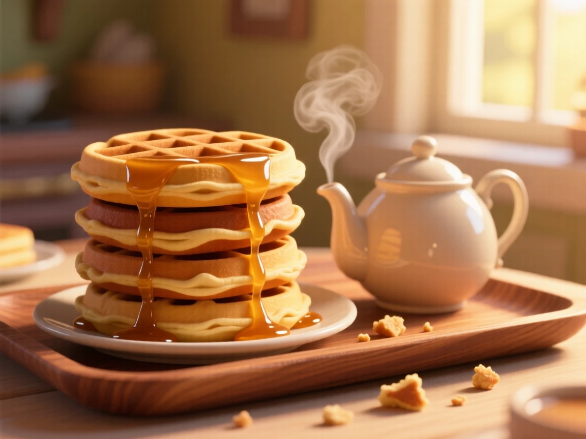 A stack of fluffy waffles drizzled with syrup sits on a tray beside a steaming teapot, with a few crumbs scattered artfully around. The scene feels inviting, warm, and delicious.