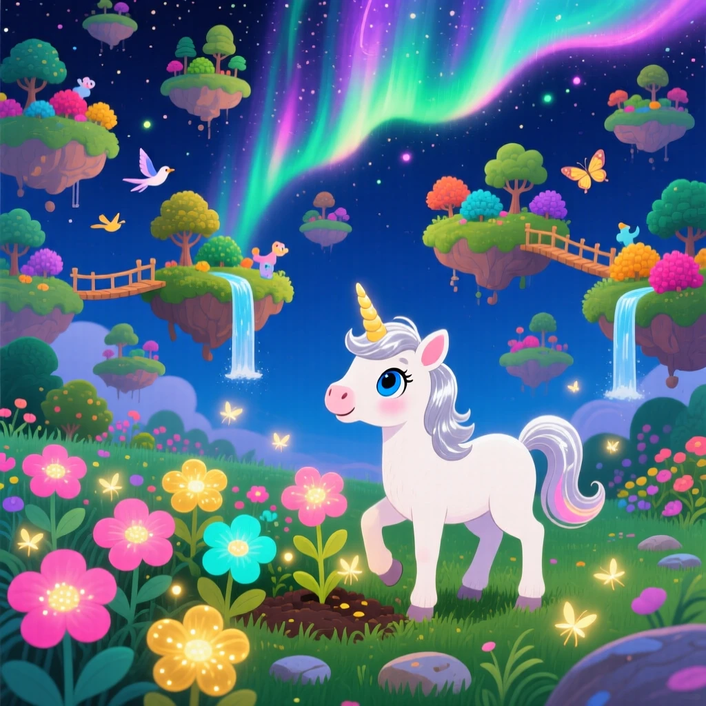 A unicorn foal pauses from planting a garden of glowing flowers to marvel at a sky full of drifting islands, as the northern lights ripple overhead.