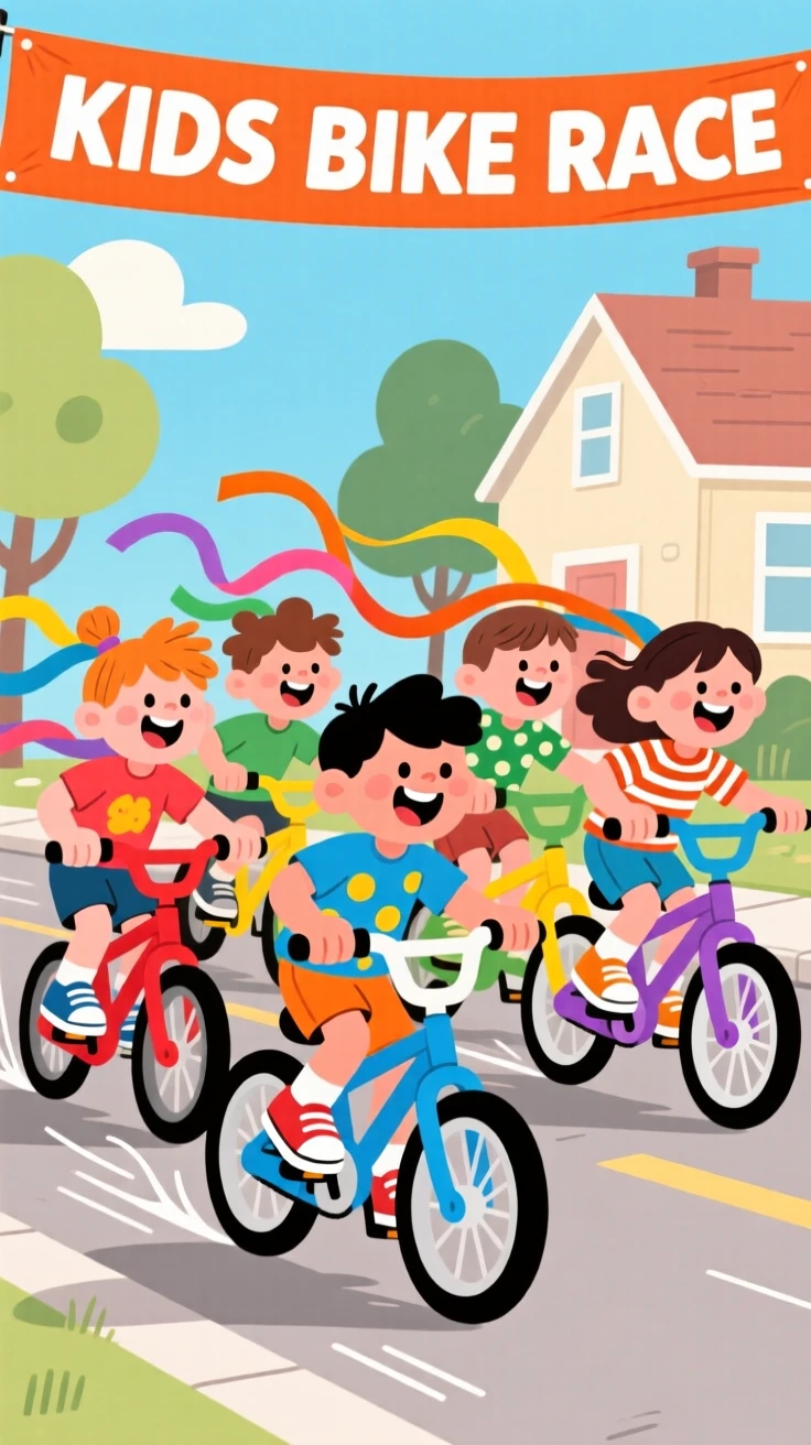 A group of kids racing bicycles decorated with streamers.