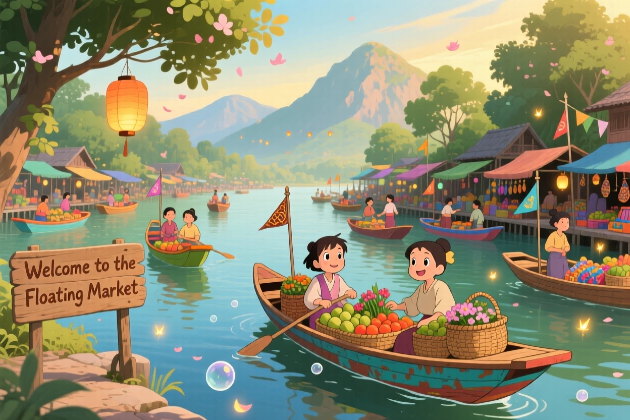 A scenic view of a floating market bustling with colorful wooden boats, with distant mountains framing the skyline.
