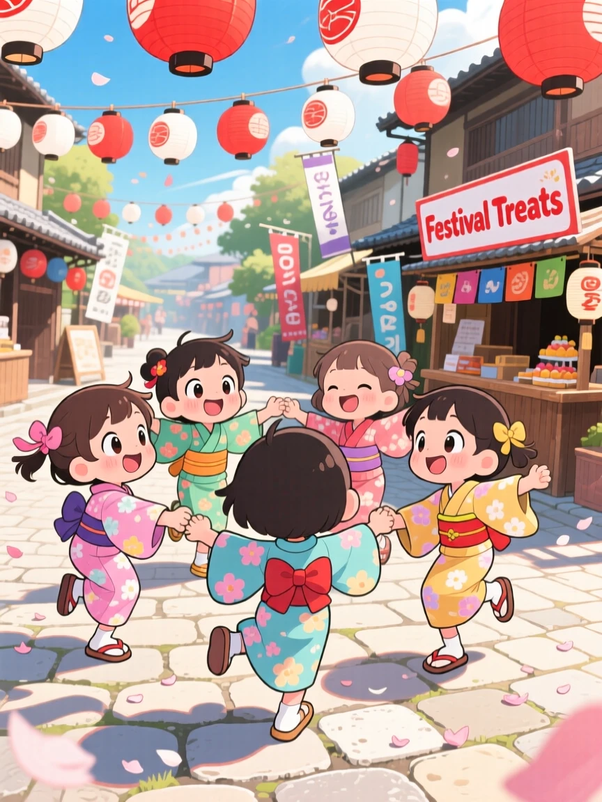 Worm's-eye view: a group of children, dancing in a circle at a festival, set against a lantern-lit village square during a light summer breeze, with bright midday sun and a mood of giggling amusement.