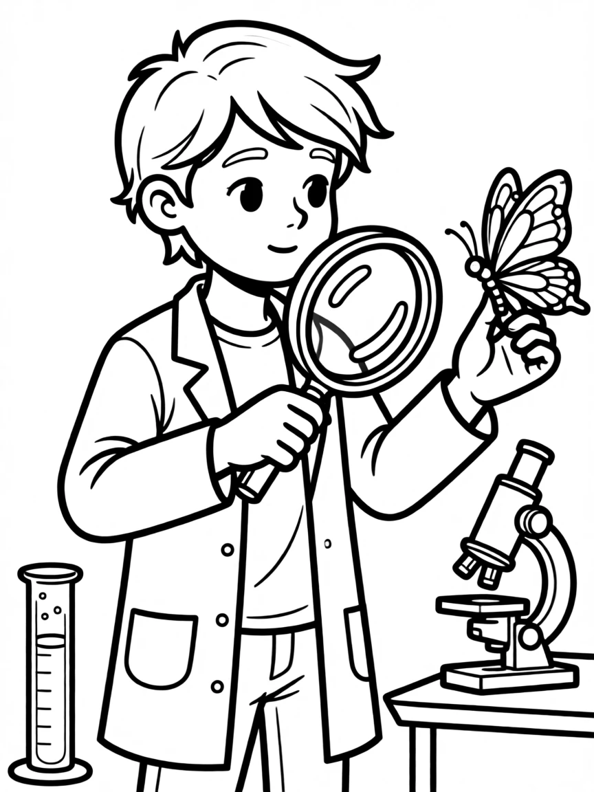 A scientist examining a butterfly with a magnifying glass