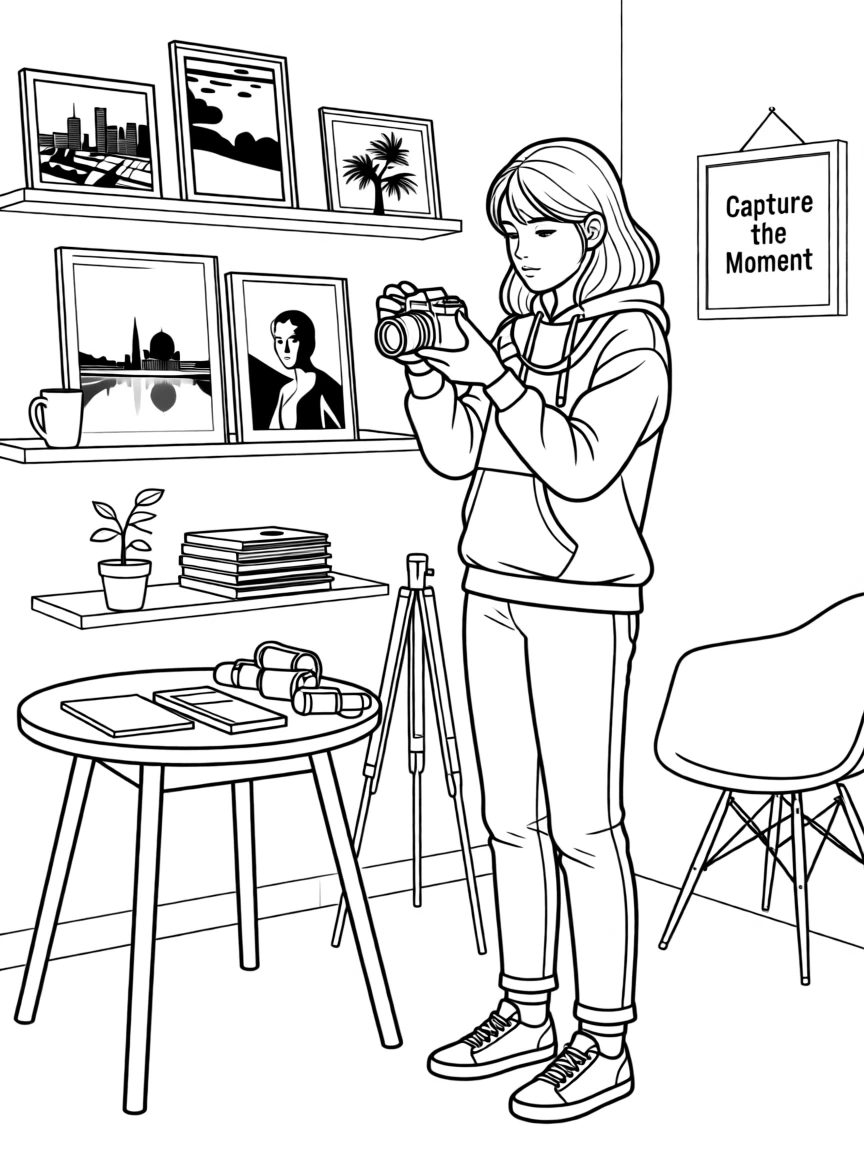 A photographer adjusting a vintage film camera, with finished pieces displayed on nearby shelves.