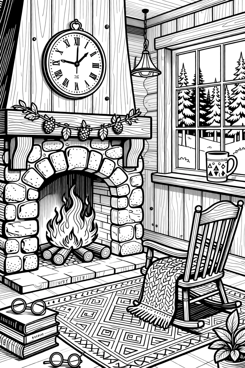 A cozy cabin scene with a crackling fire and a mug resting on a windowsill.