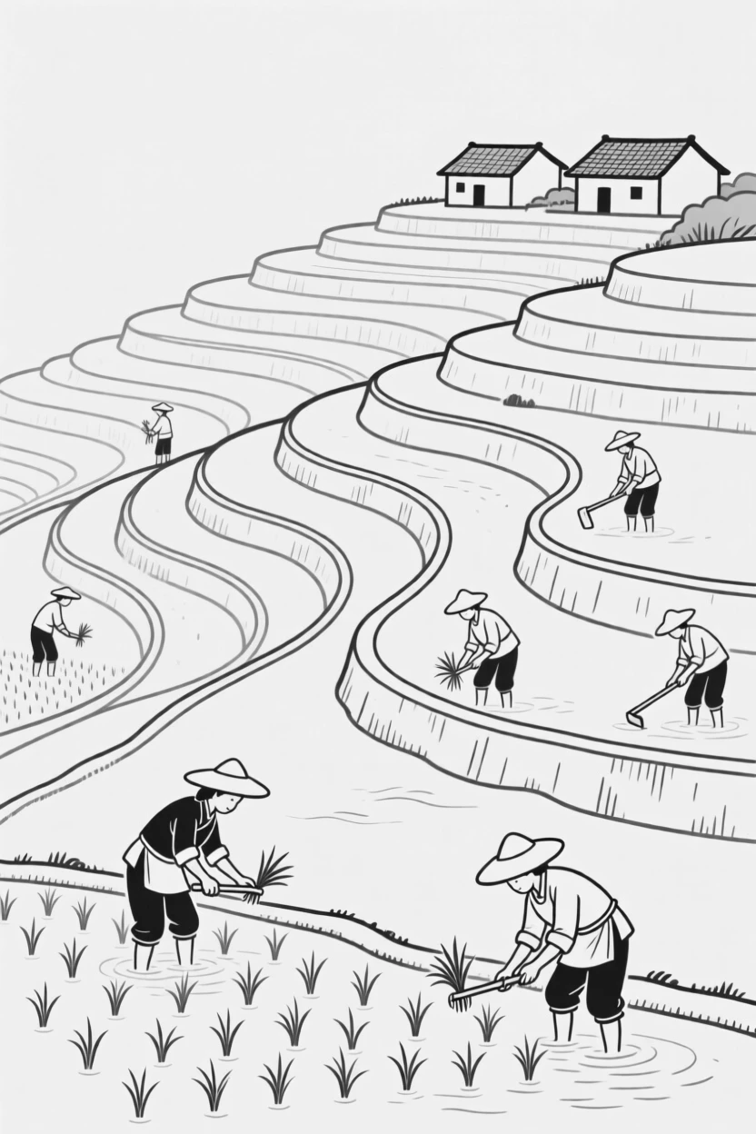 A rice terrace village with farmers working the fields