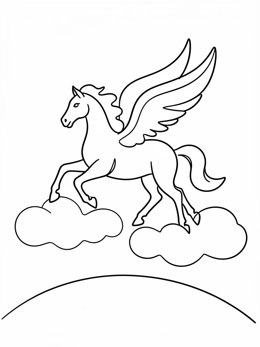 A pegasus galloping across a field of clouds above the earth