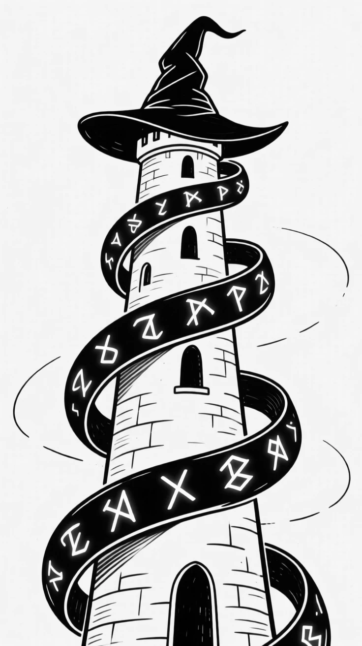 A sorceress's tower spiraling upward, wrapped in glowing runes.