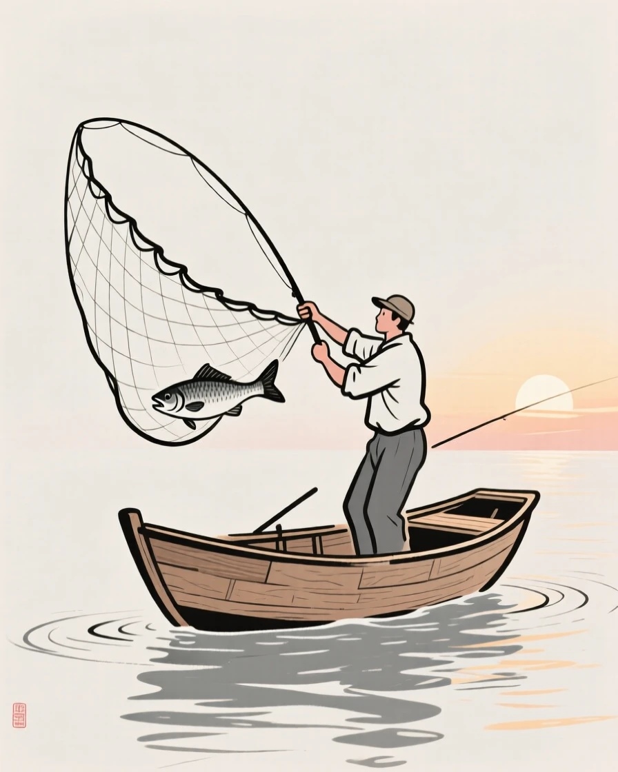 A fisherman casting a net from a small wooden boat at sunrise.