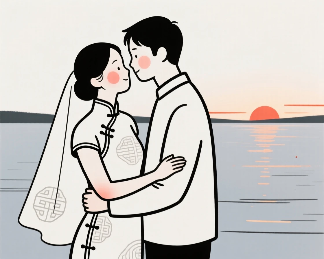 A newlywed woman of Polish heritage wearing a Chinese qipao, sharing a tender embrace, beside a calm lake at sunrise.