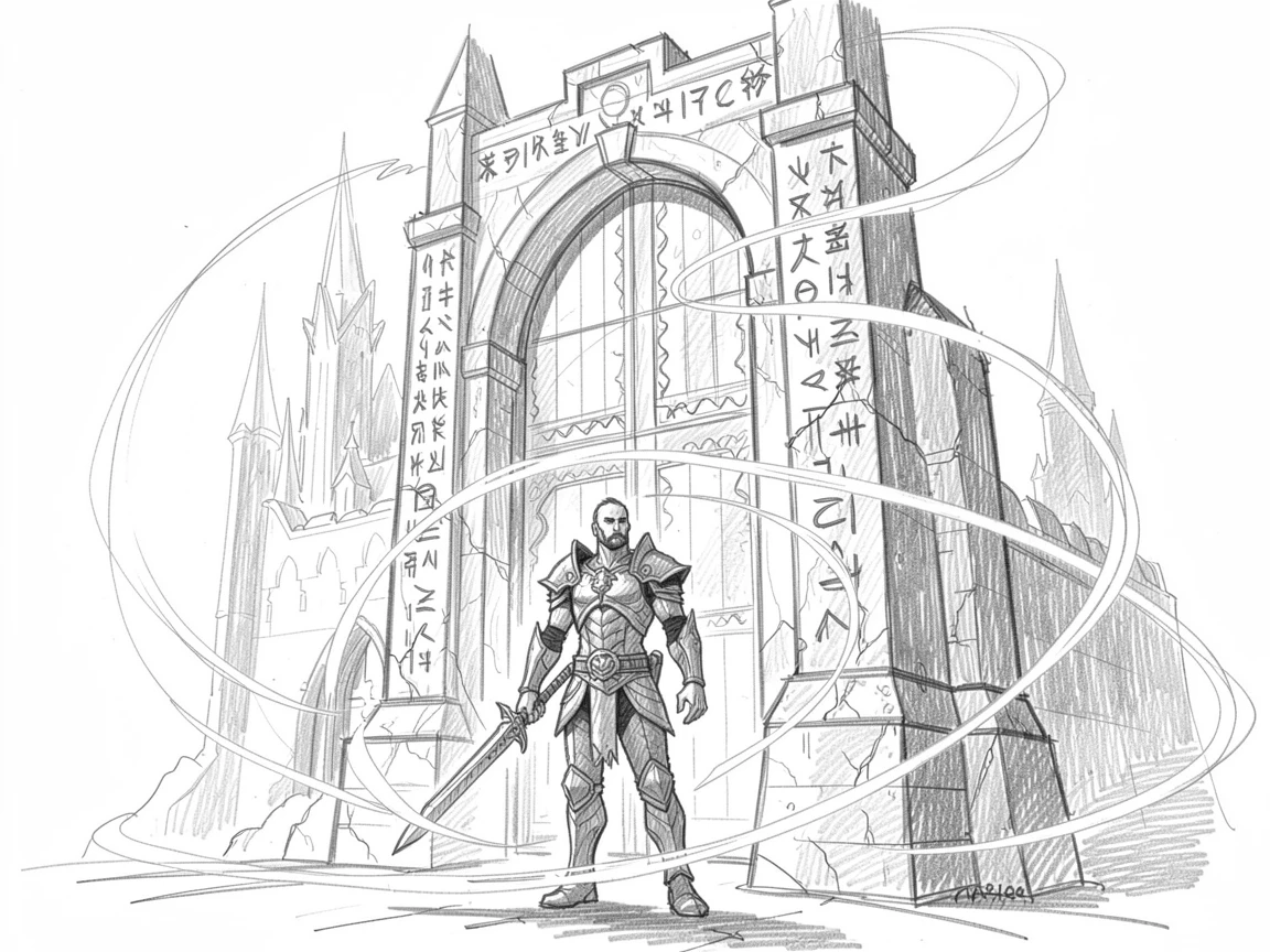 An epic fantasy scene of a warrior standing before an ancient stone gate within a city carved from luminous stone, with magical light swirling through the air.