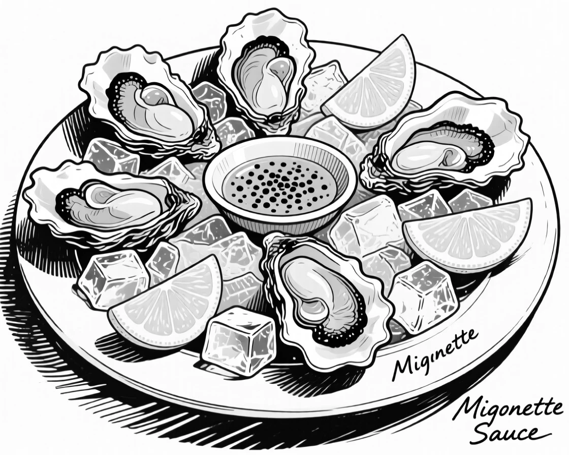 A plate of fresh oysters on ice with lemon wedges and mignonette sauce.