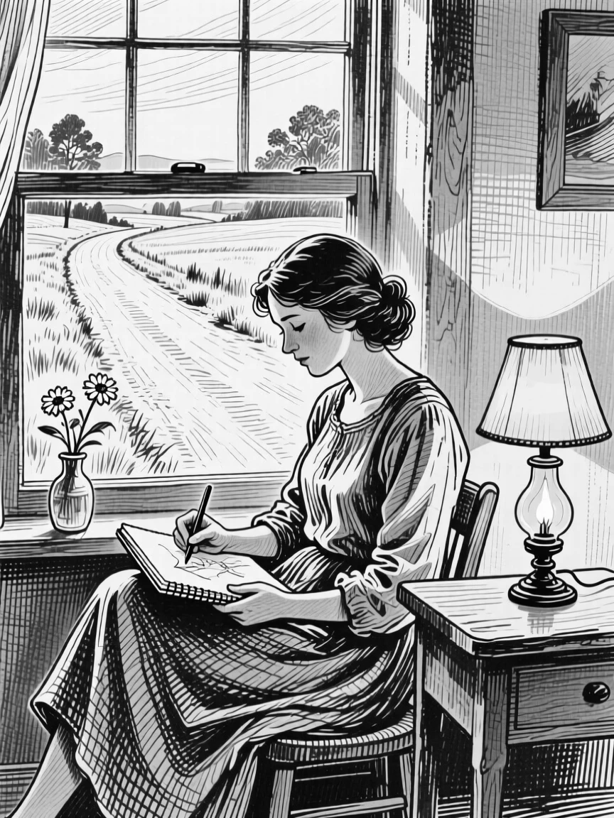 A woman sketching in a notebook by a window on a quiet countryside road, with the glow of a nearby lamp softening the scene, creating a tender and sincere lifestyle scene.